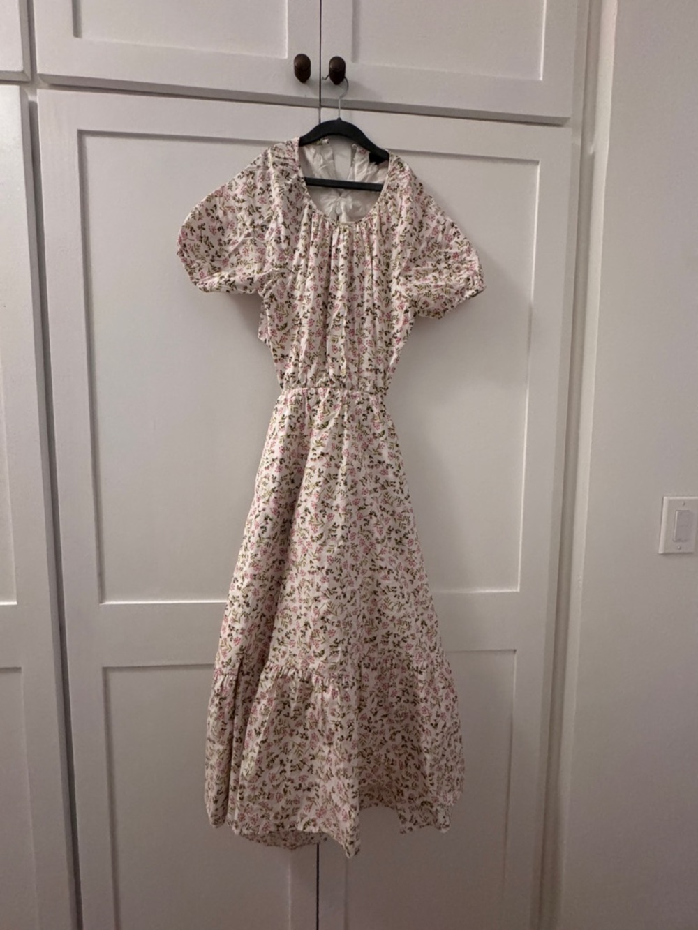 J. Crew Pink Floral Midi Dress with Puff Sleeves and Open Back